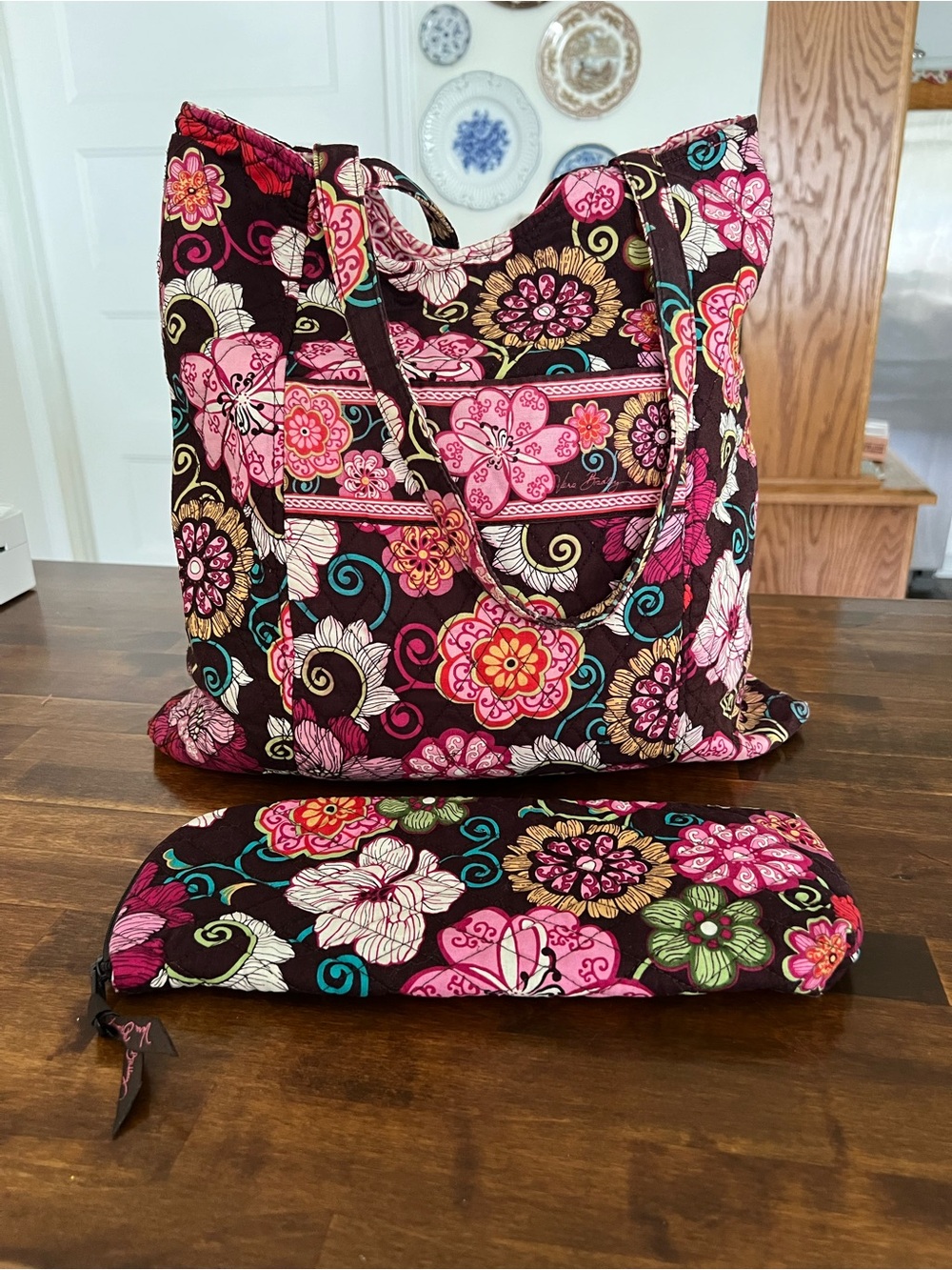 Vera Bradley Brown Quilted Tote with Pink Floral Print and Teal Accents